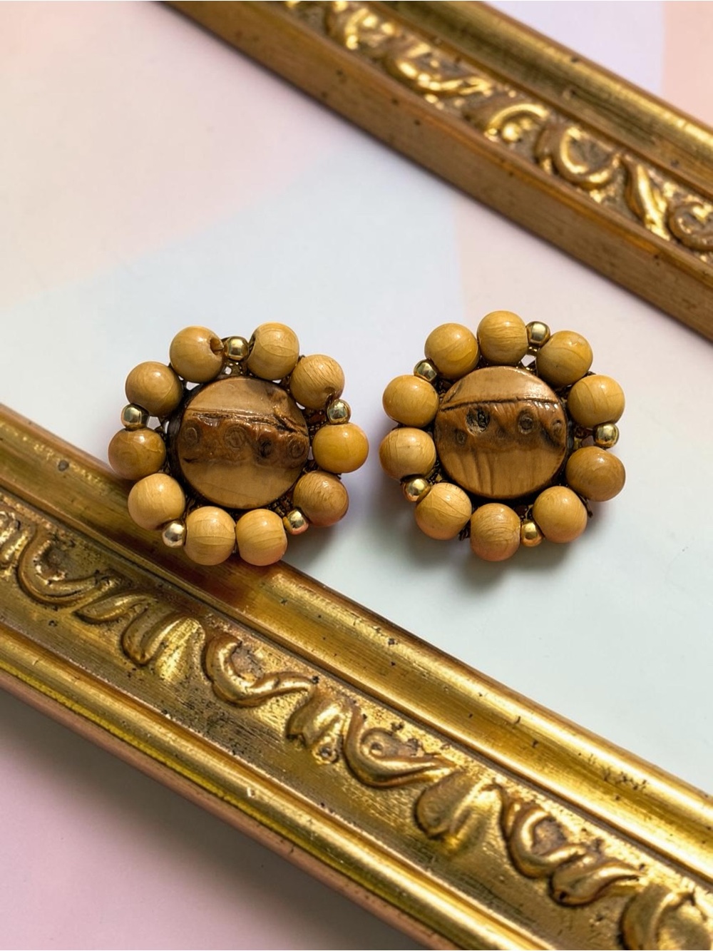 Vintage JAPAN Wood Bead Clip Earrings Boho Retro Artisan Gold Tone 1960-1970